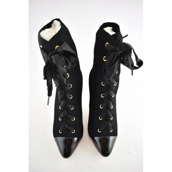 Christian Louboutin Frenchie 100 Black Patent Lace Heel Ankle Boot Bootie 35.5 - Picture 6 of 11